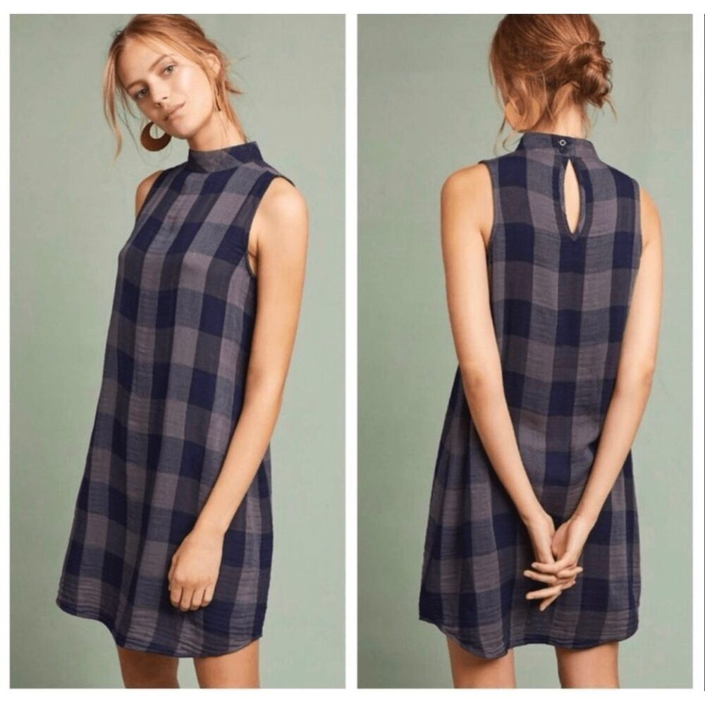 Anthropologie Cloth & Stone Plaid Mock Neck Mini Shift Dress